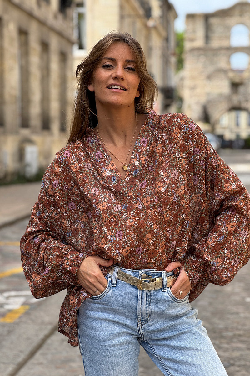 Rust Vintage Floral Cotton Blouse