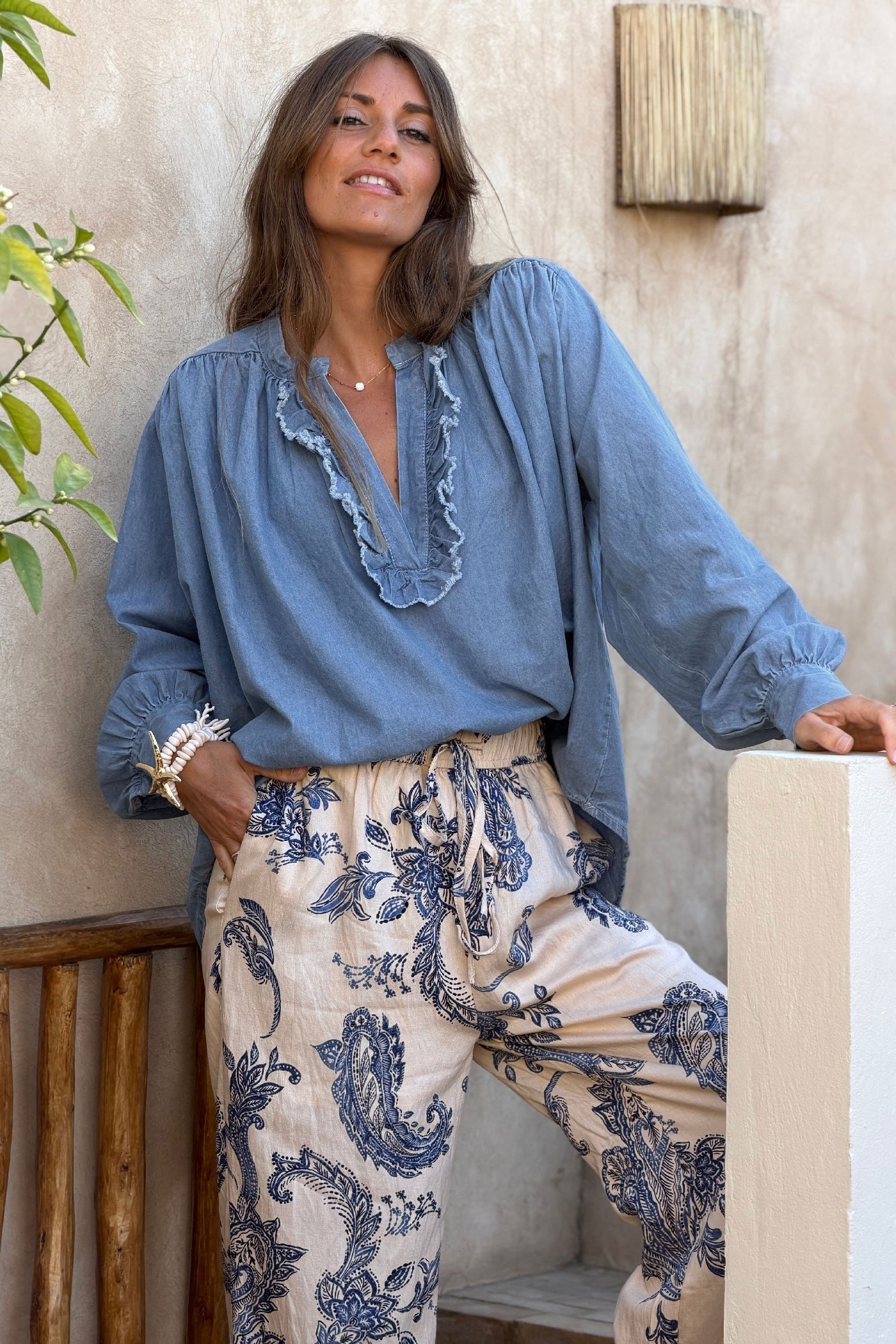 Chambray Romantic Ruffles Denim Peasant Blouse - Horizons Lointains