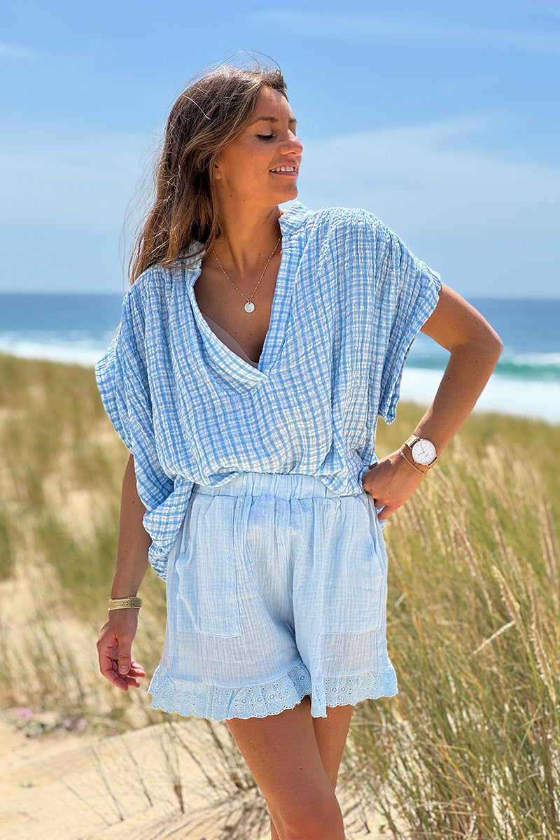 Blue Gingham V-Neck Blouse