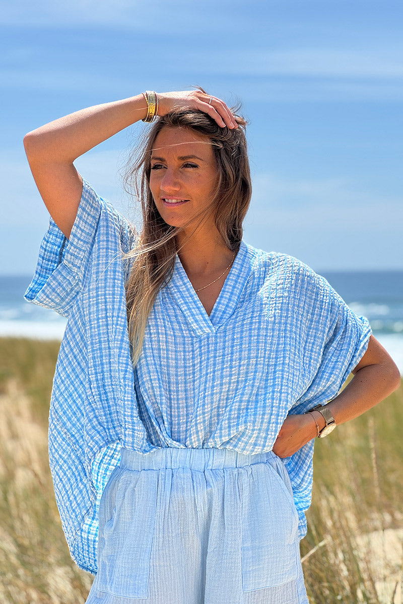 Blue Gingham V-Neck Blouse