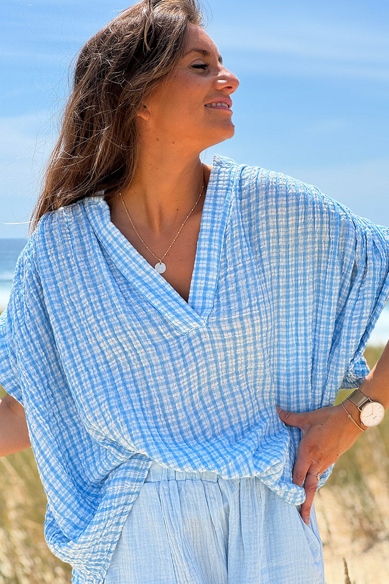 Blue Gingham V-Neck Blouse