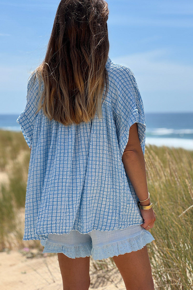 Blue Gingham V-Neck Blouse