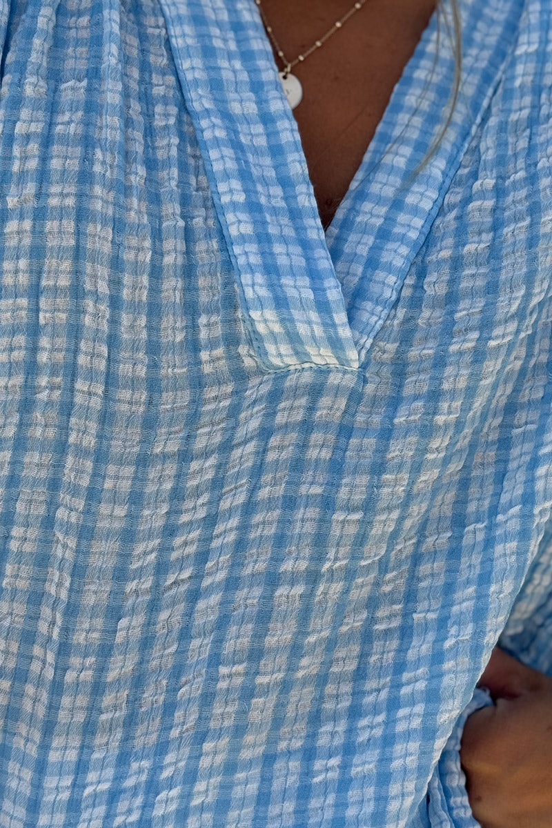 Blue Gingham V-Neck Blouse
