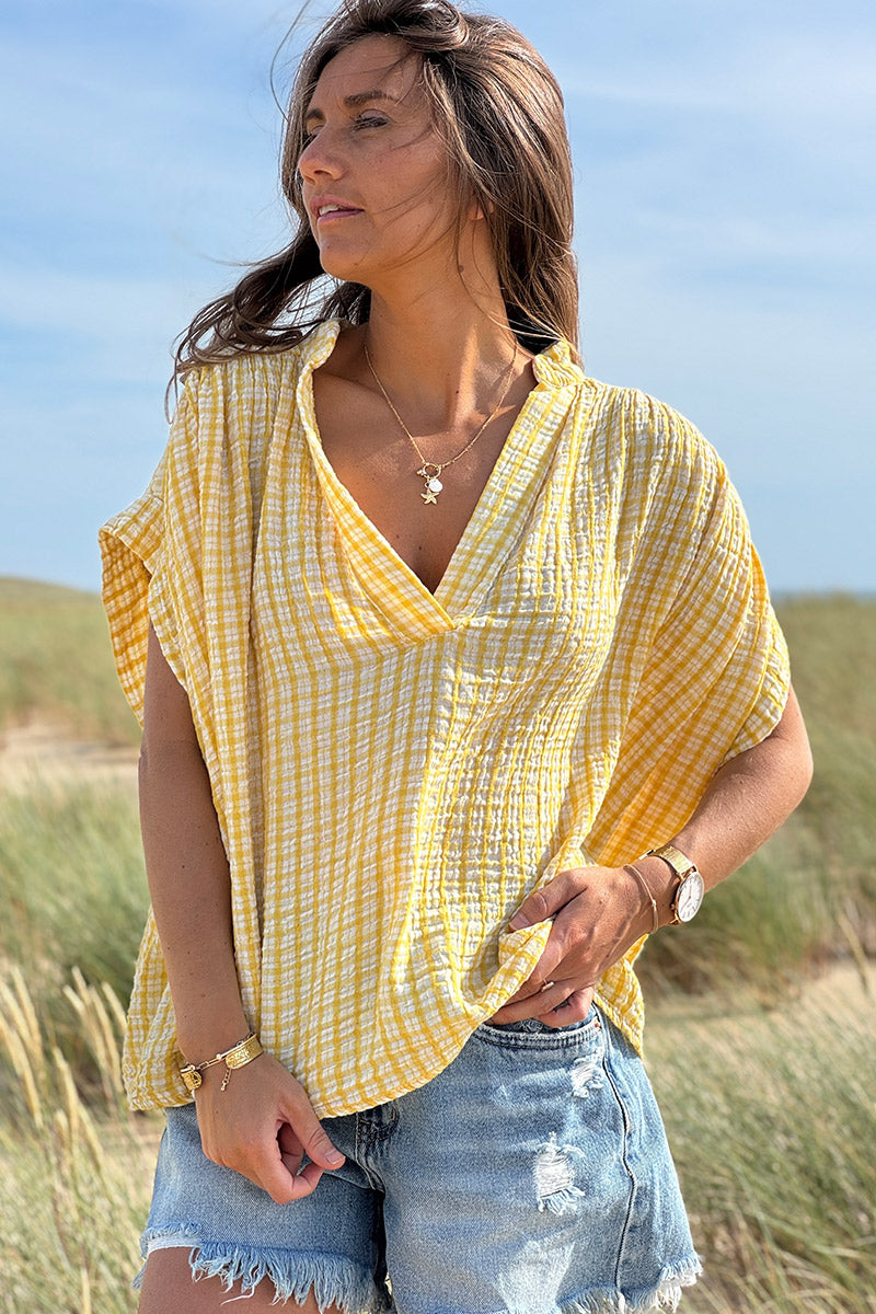 Blouse large en gaze de coton à rayures et carreaux vichy jaune manches courtes