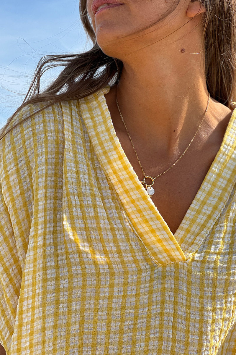 Blouse large en gaze de coton à rayures et carreaux vichy jaune manches courtes
