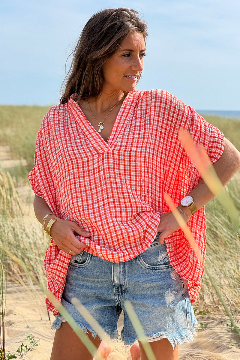 Blouse large en gaze de coton à rayures et carreaux vichy orange manches courtes
