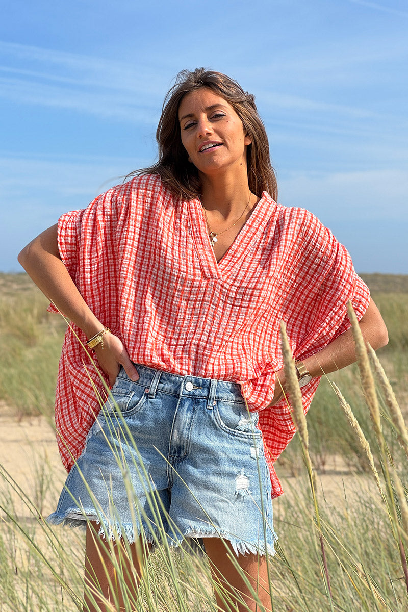 Blouse large en gaze de coton à rayures et carreaux vichy orange manches courtes