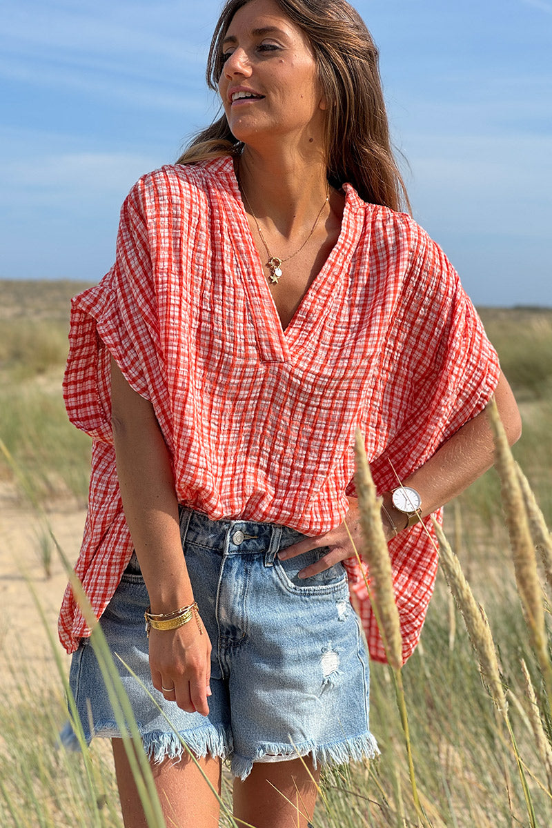 Blouse large en gaze de coton à rayures et carreaux vichy orange manches courtes