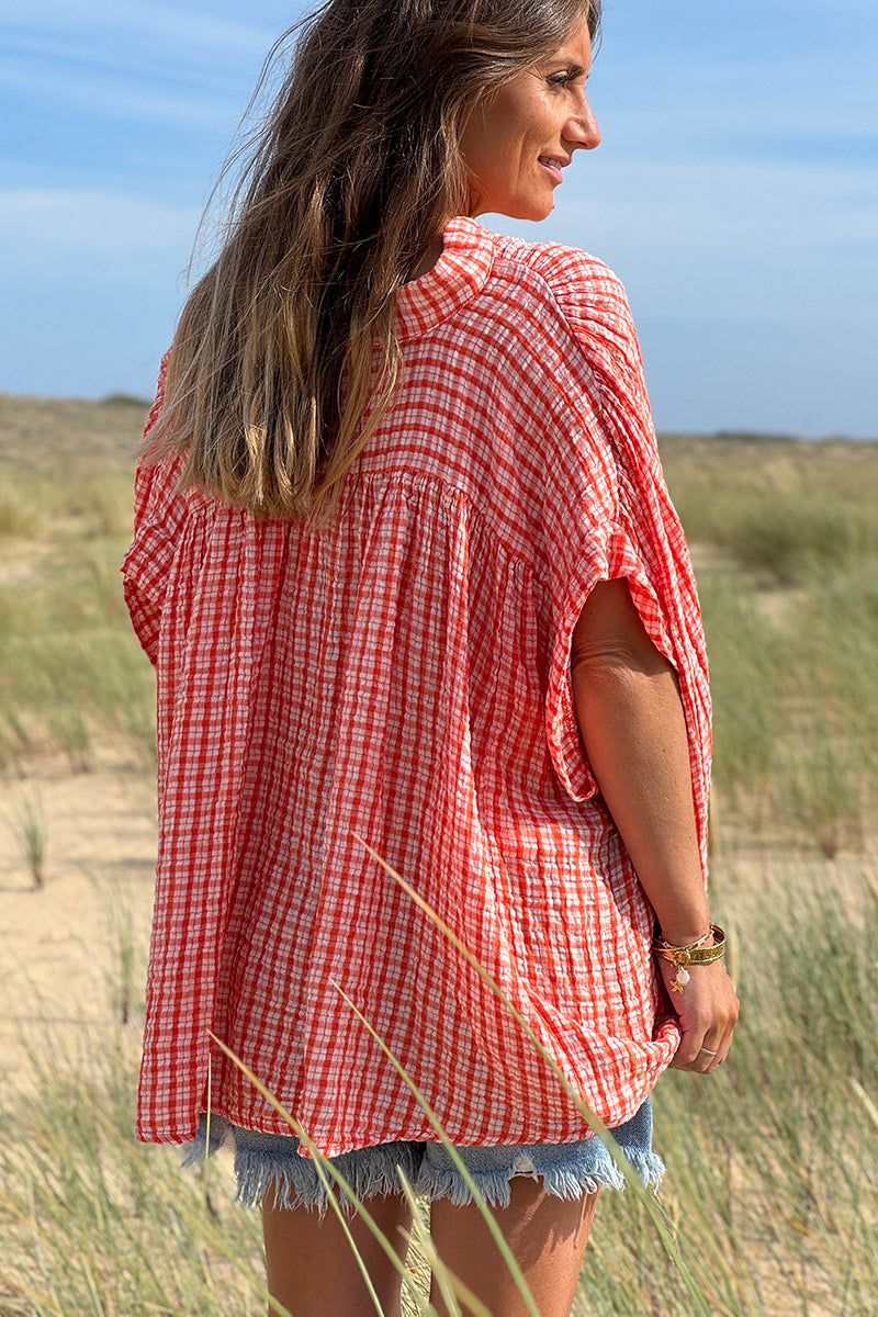 Blouse large en gaze de coton à rayures et carreaux vichy orange manches courtes