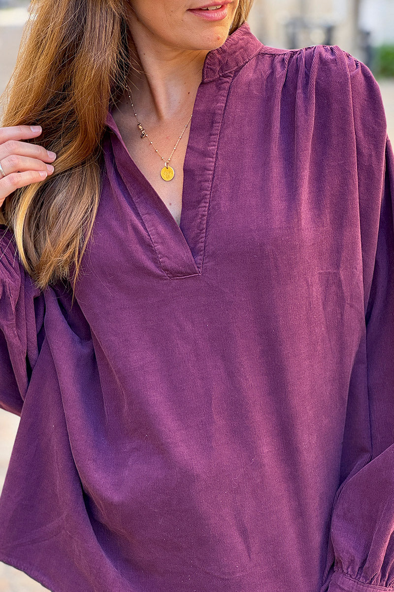 Aubergine Pinwale Corduroy Blouson Top
