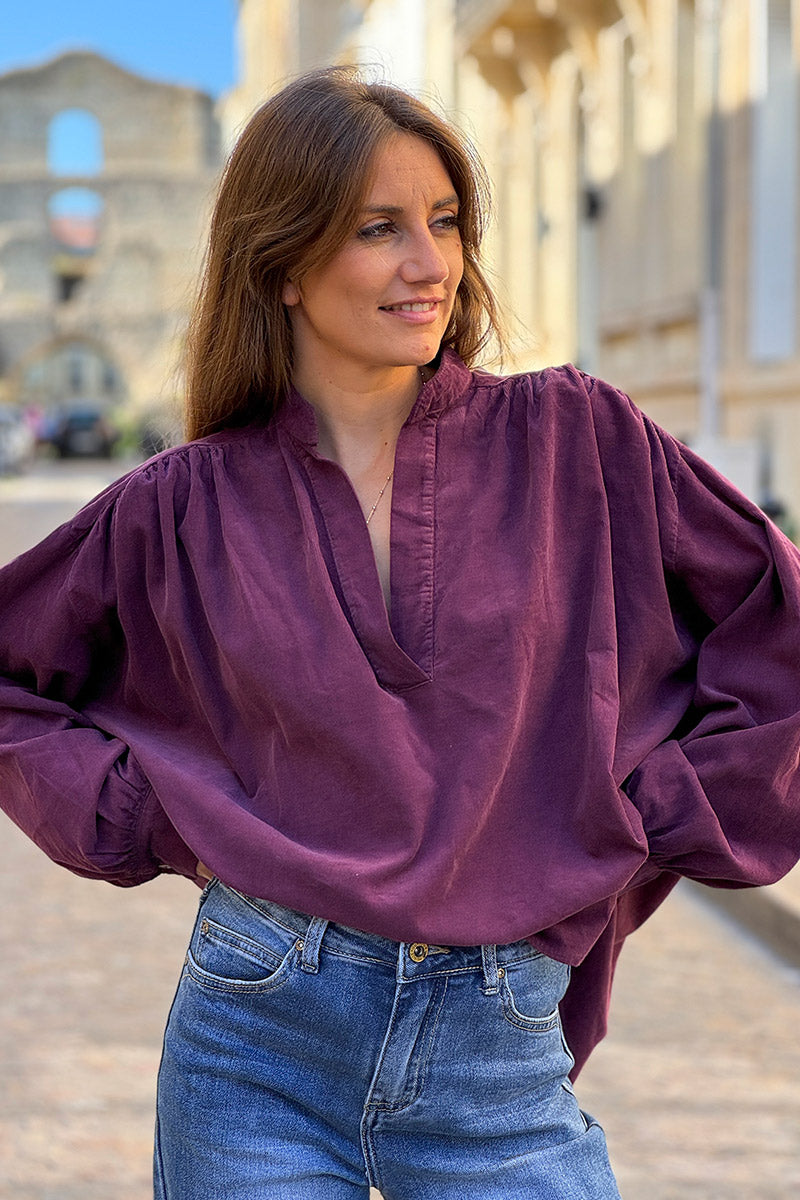 Aubergine Pinwale Corduroy Blouson Top