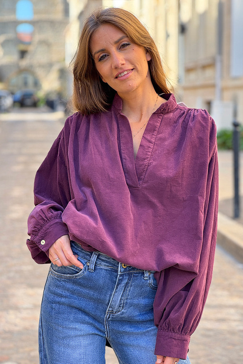 Aubergine Pinwale Corduroy Blouson Top