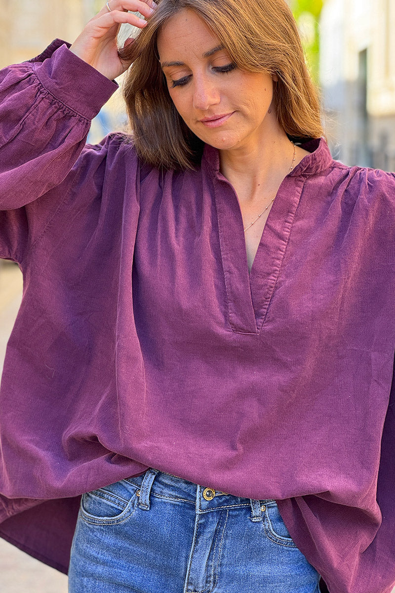 Aubergine Pinwale Corduroy Blouson Top