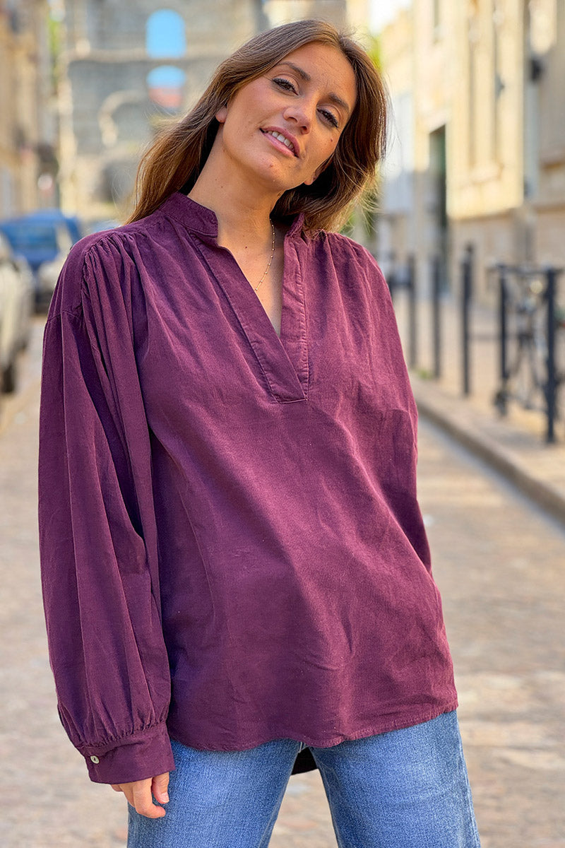 Aubergine Pinwale Corduroy Blouson Top