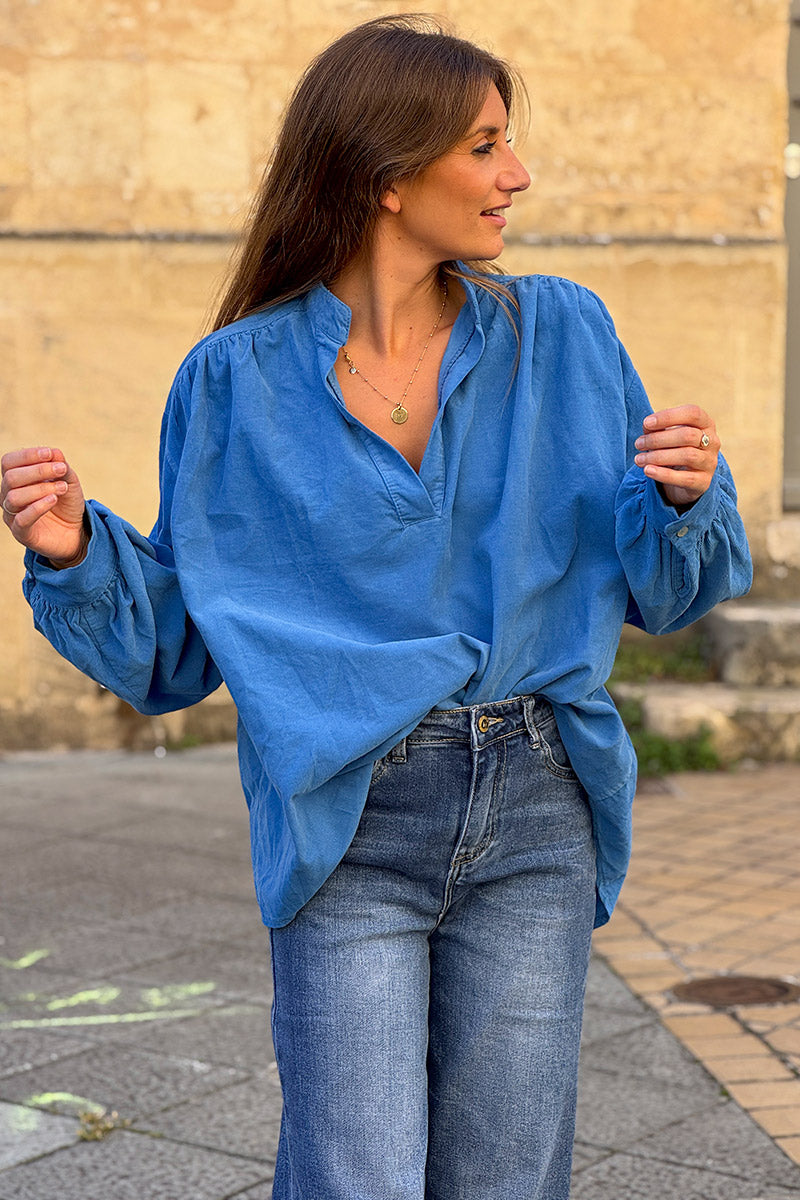 Blue Pinwale Corduroy Blouson Top