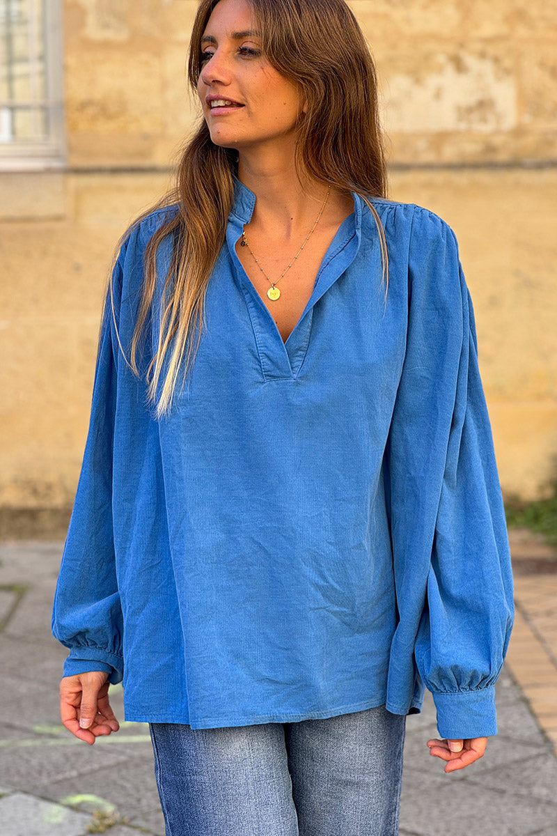 Blue Pinwale Corduroy Blouson Top