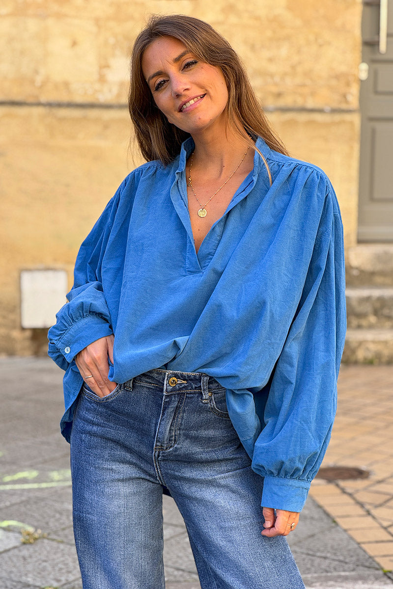 Blue Pinwale Corduroy Blouson Top