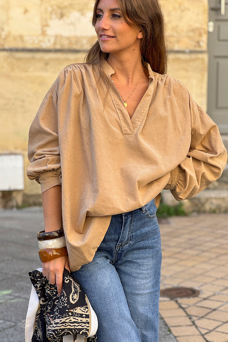 Camel Pinwale Corduroy Blouson Top