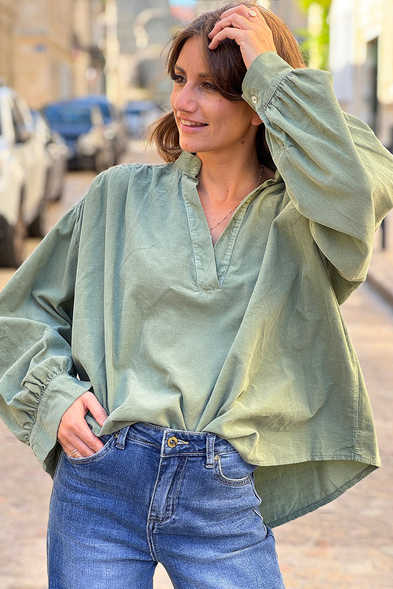Olive Pinwale Corduroy Blouson Top