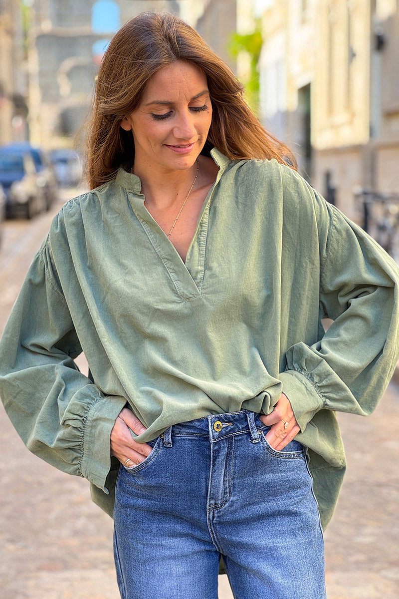 Olive Pinwale Corduroy Blouson Top