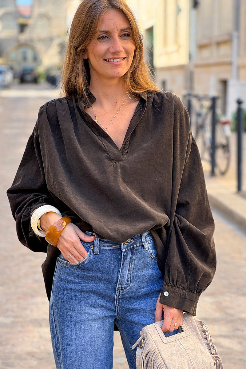 Chocolate Pinwale Corduroy Blouson Top