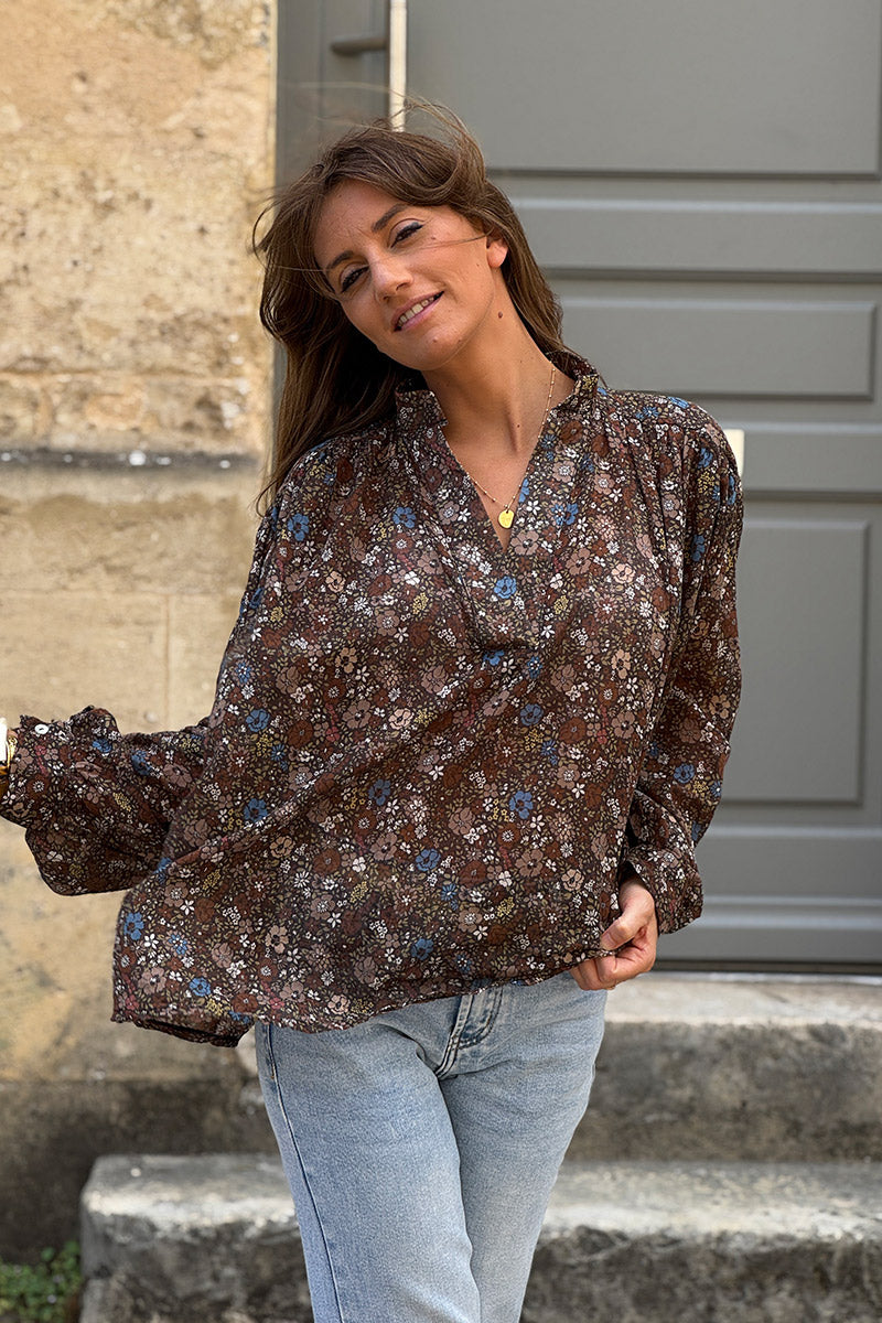 Chocolate Vintage Floral Cotton Blouse