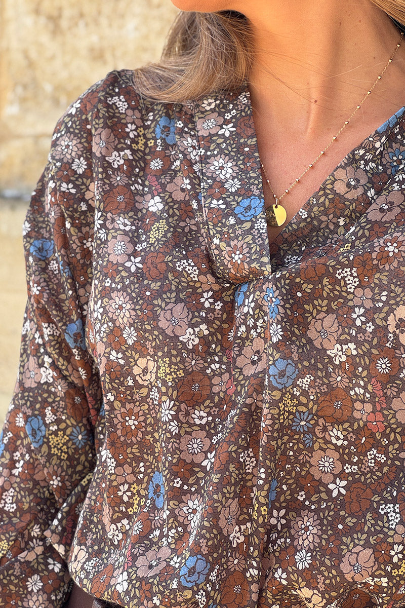 Chocolate Vintage Floral Cotton Blouse