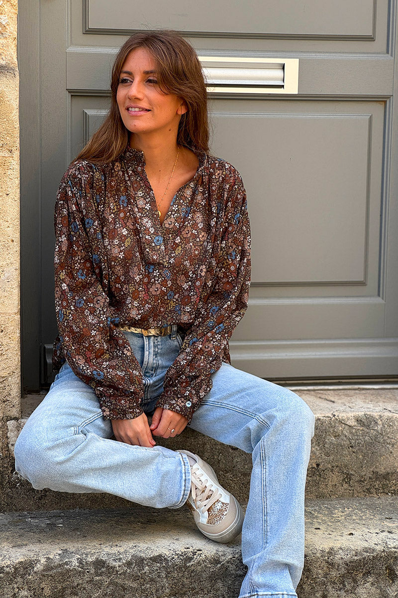Chocolate Vintage Floral Cotton Blouse