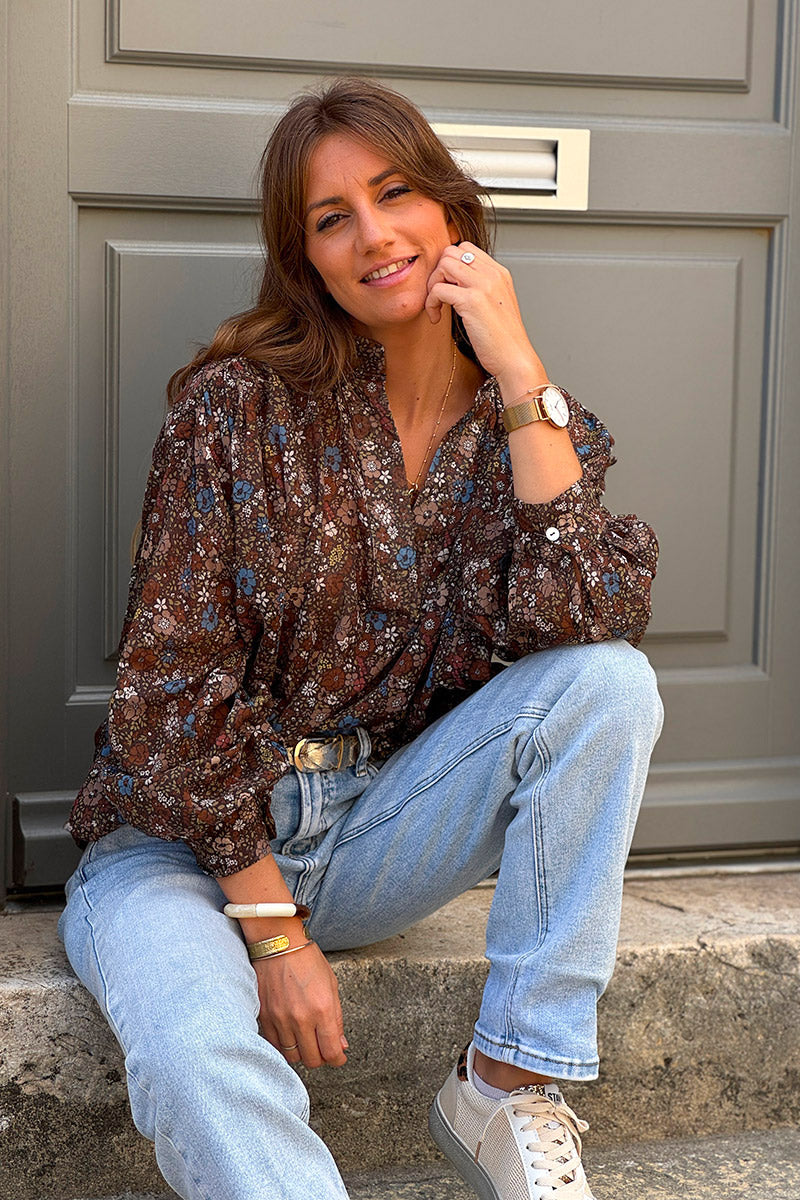 Chocolate Vintage Floral Cotton Blouse