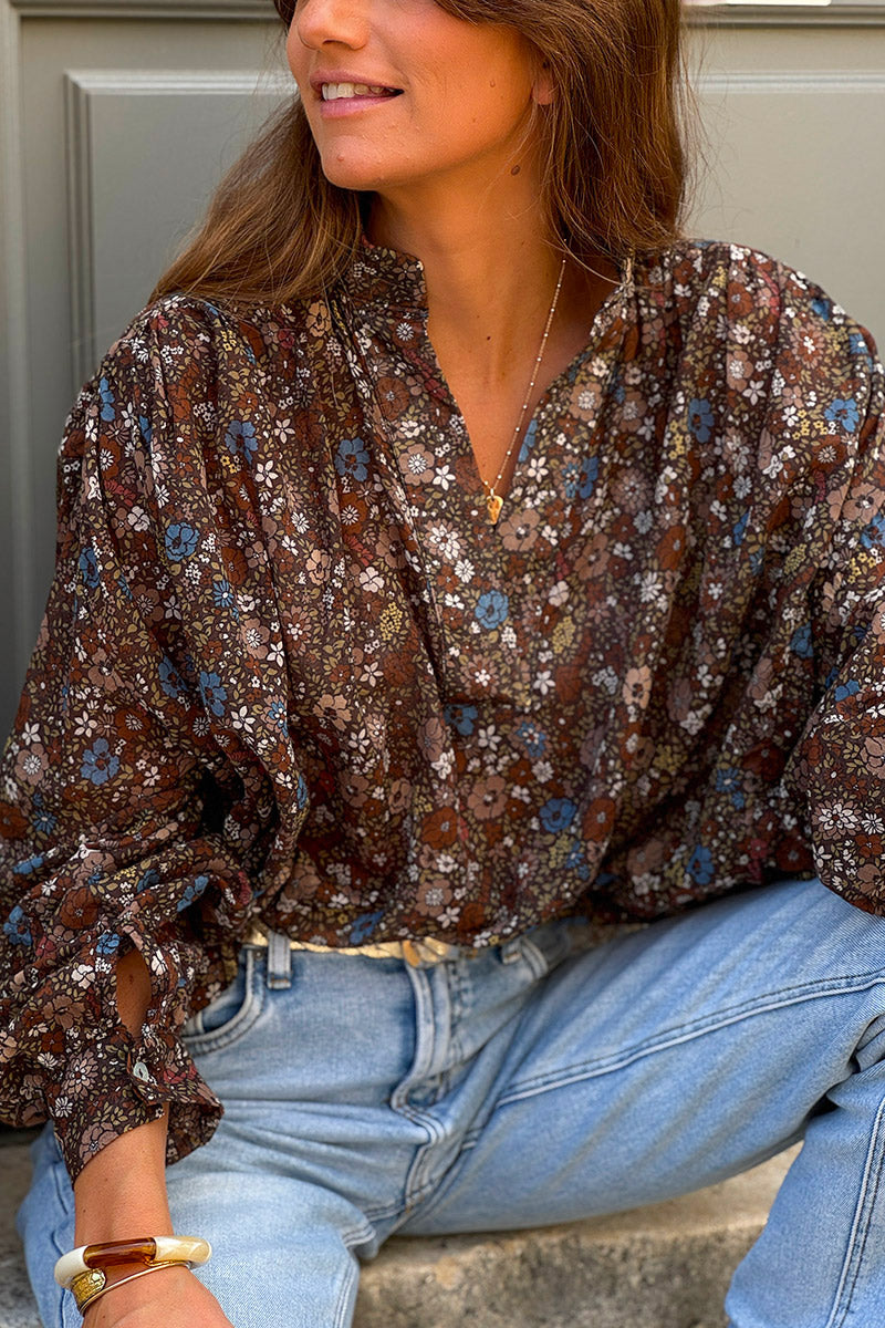 Chocolate Vintage Floral Cotton Blouse