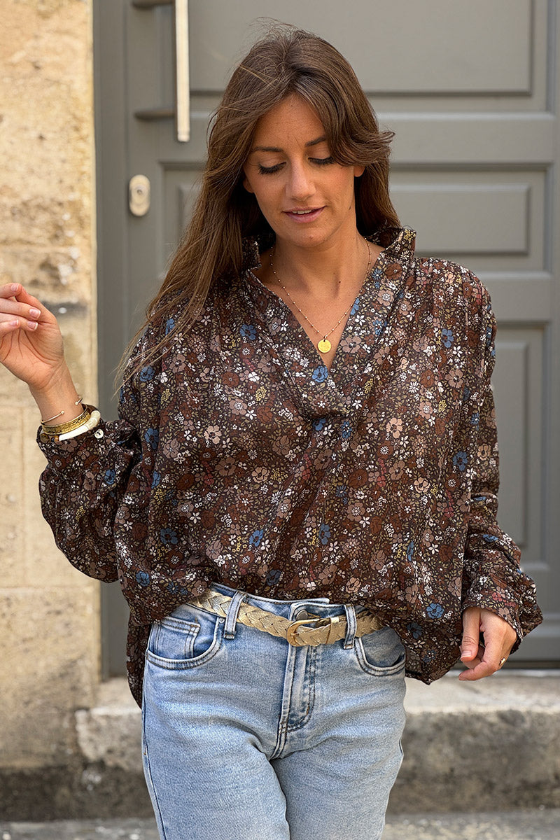 Chocolate Vintage Floral Cotton Blouse