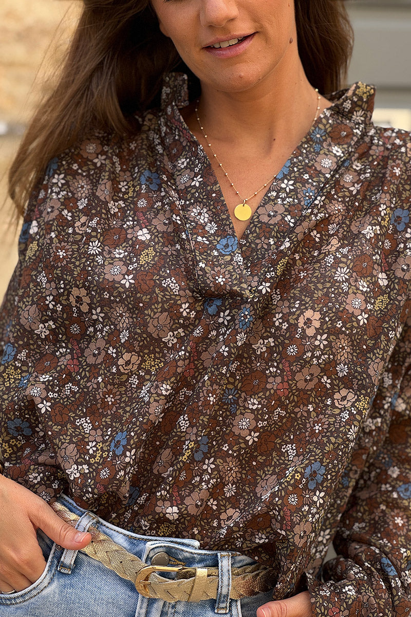 Chocolate Vintage Floral Cotton Blouse