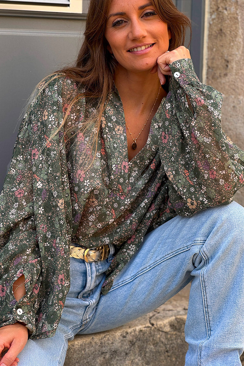 Dark Green Vintage Floral Cotton Blouse