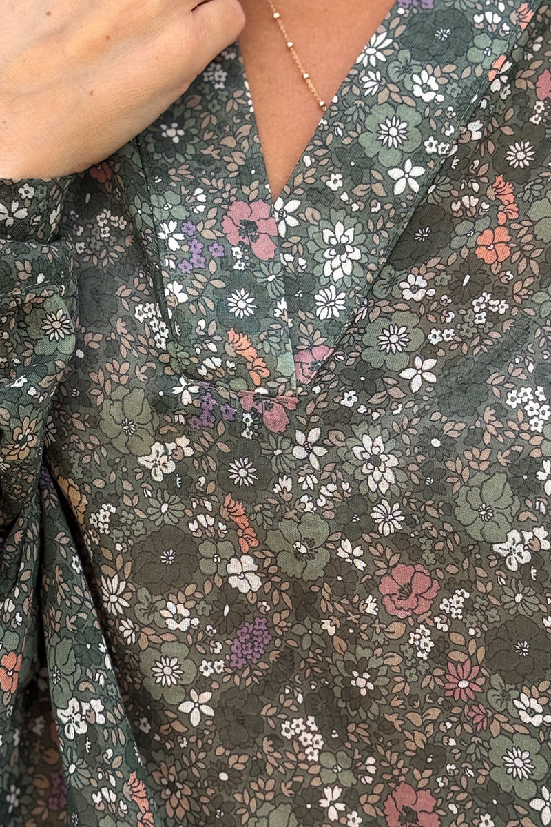 Dark Green Vintage Floral Cotton Blouse