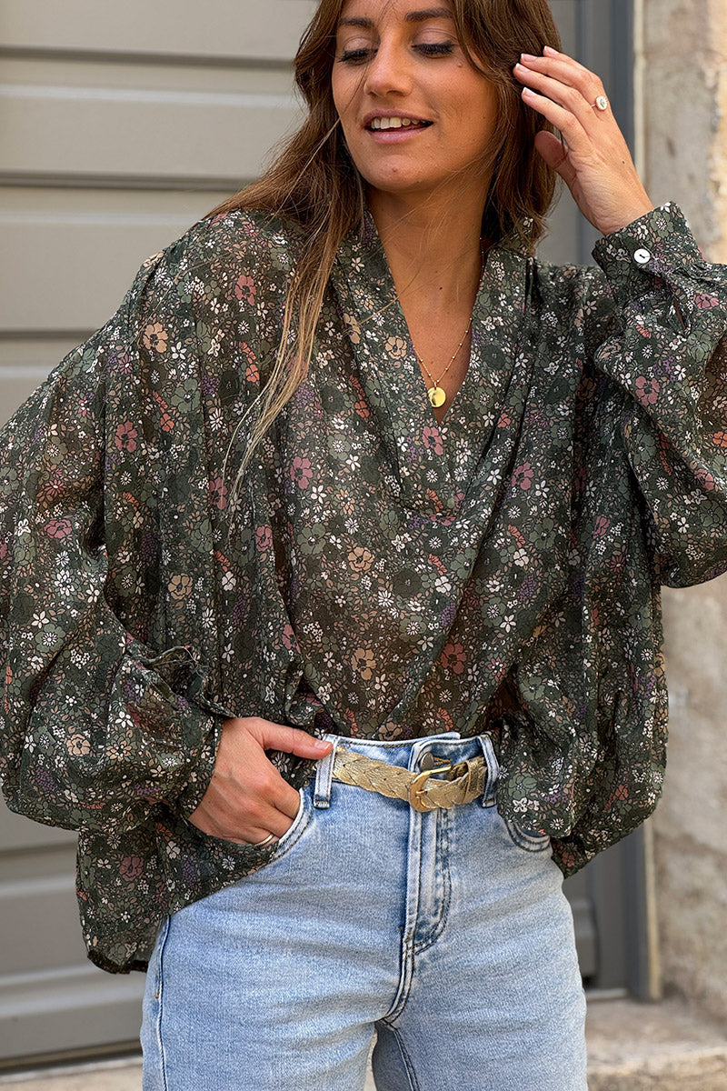 Dark Green Vintage Floral Cotton Blouse