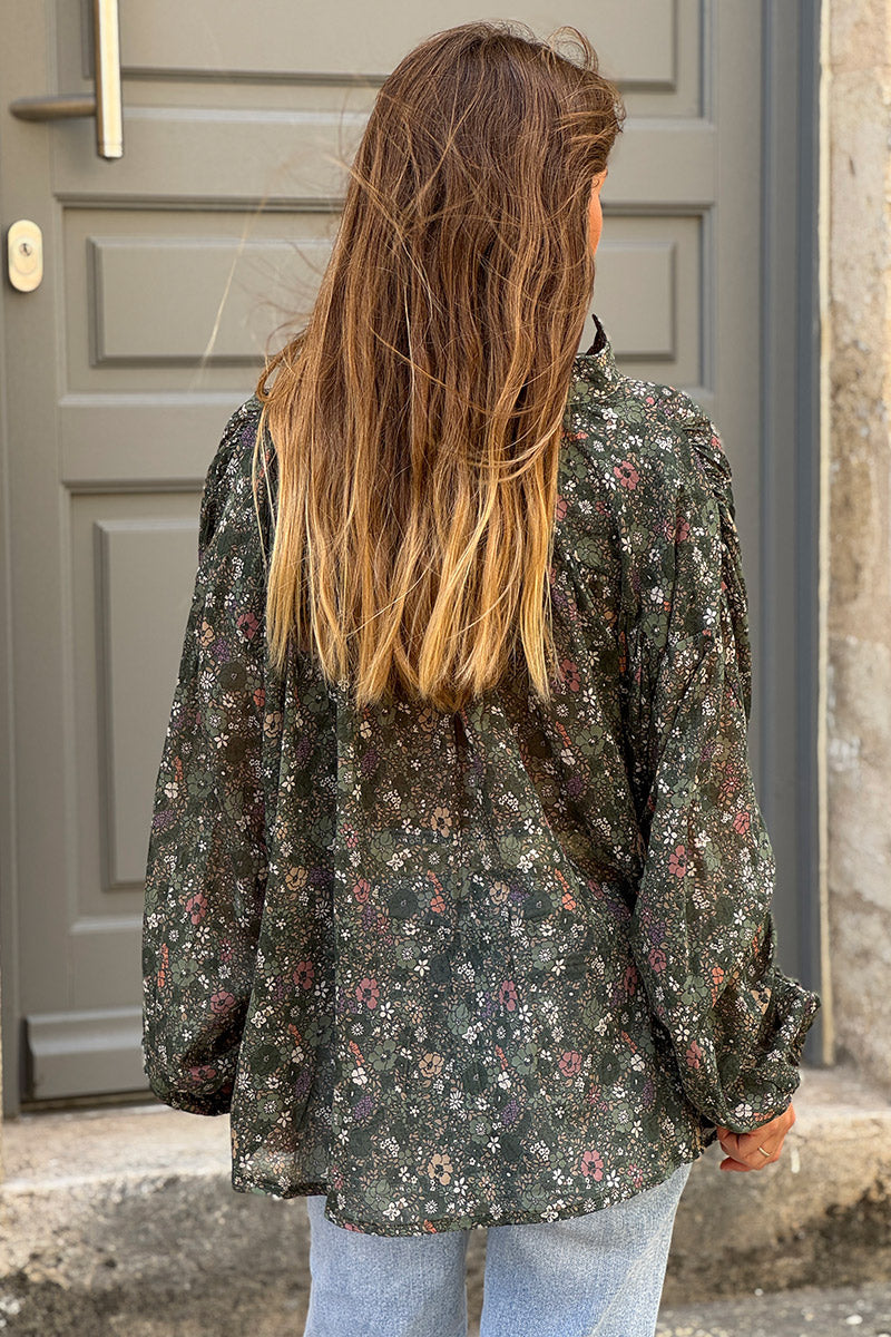 Dark Green Vintage Floral Cotton Blouse