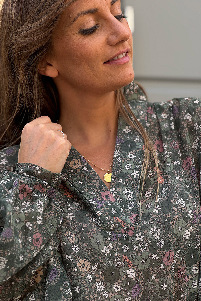 Dark Green Vintage Floral Cotton Blouse