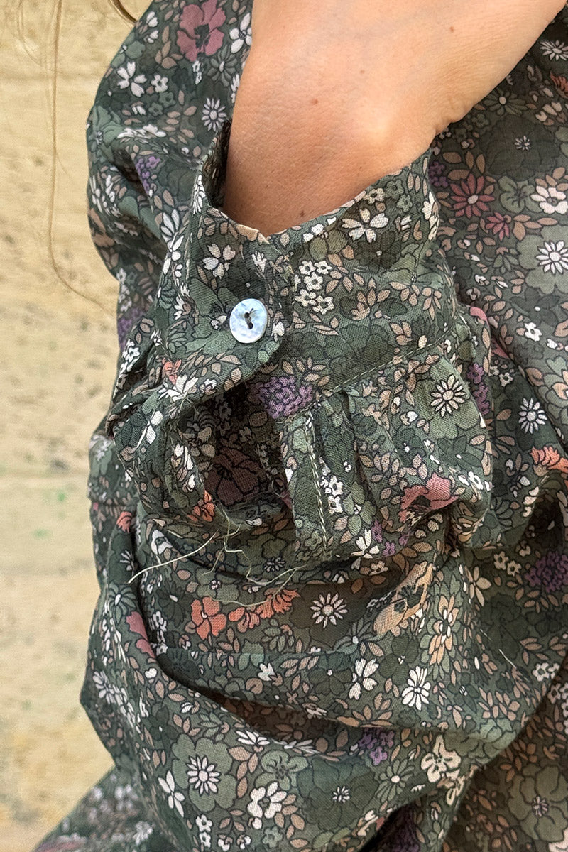 Dark Green Vintage Floral Cotton Blouse