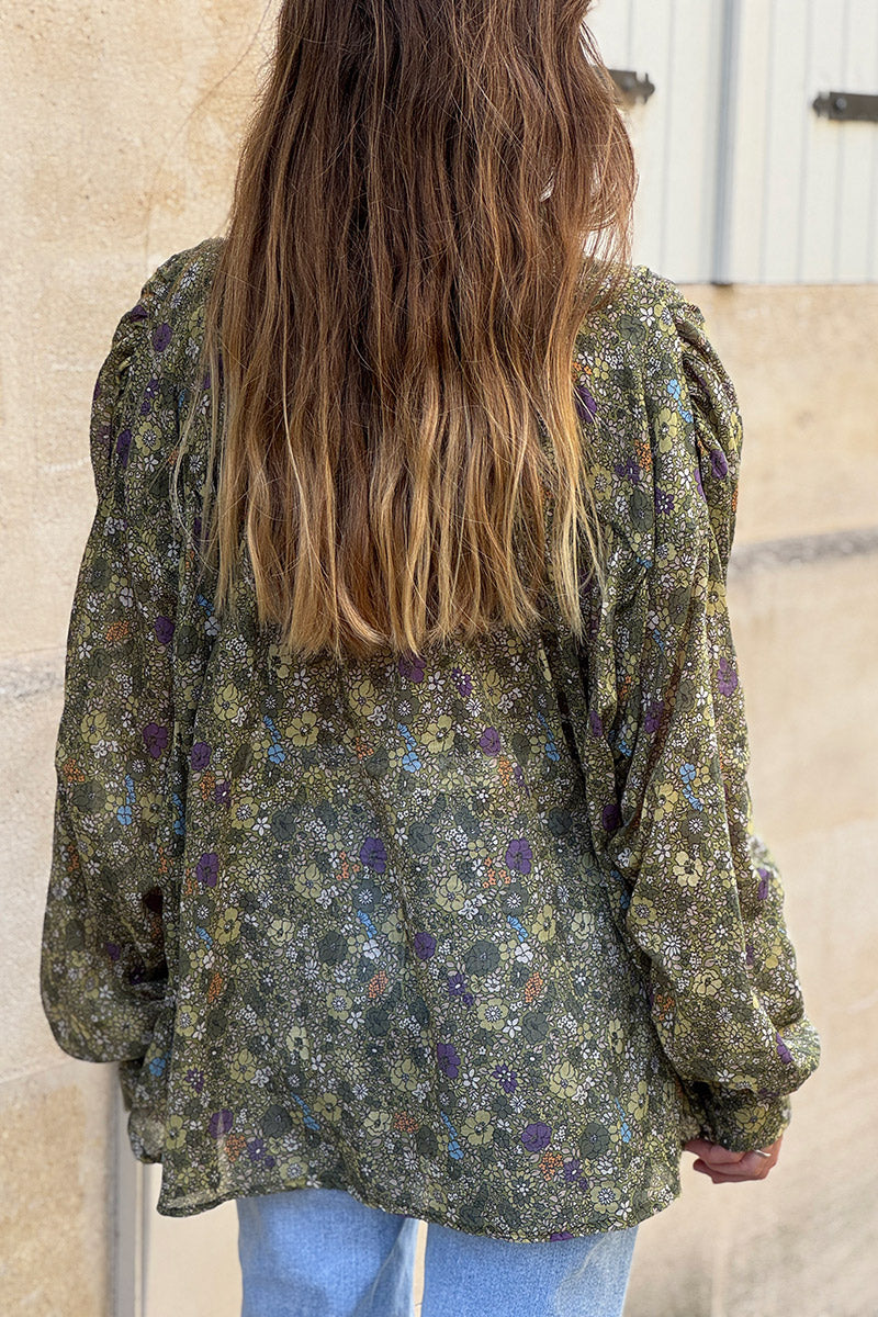 Blouse large vert kaki en coton imprimé petites fleurs col v
