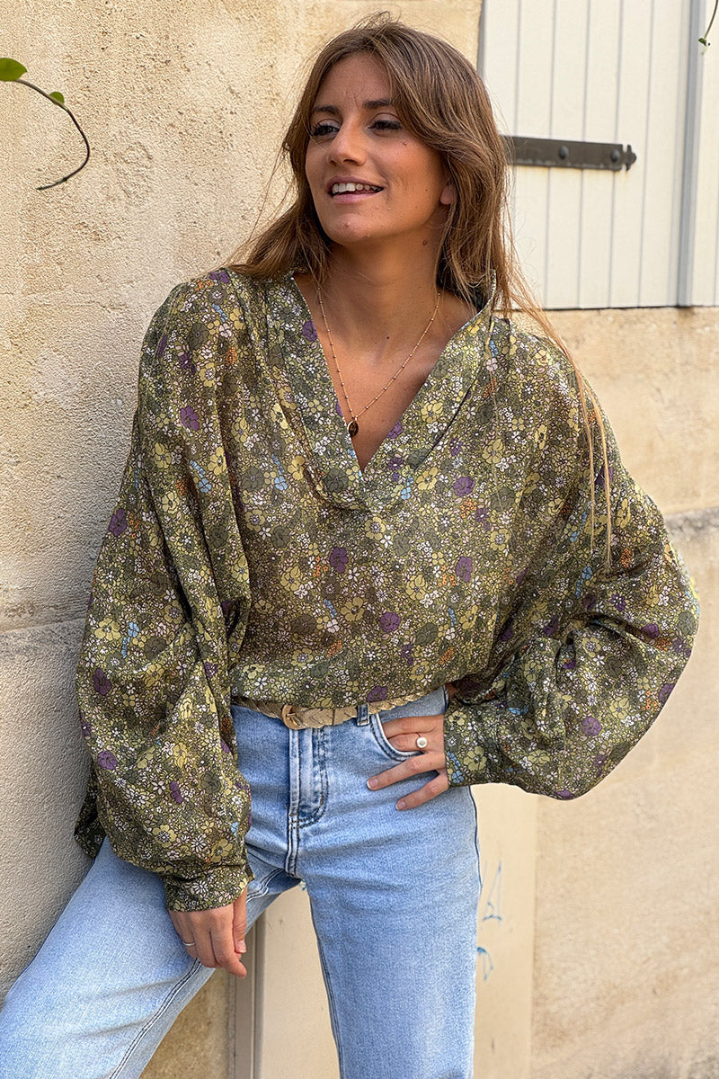 Olive Vintage Floral Cotton Blouse