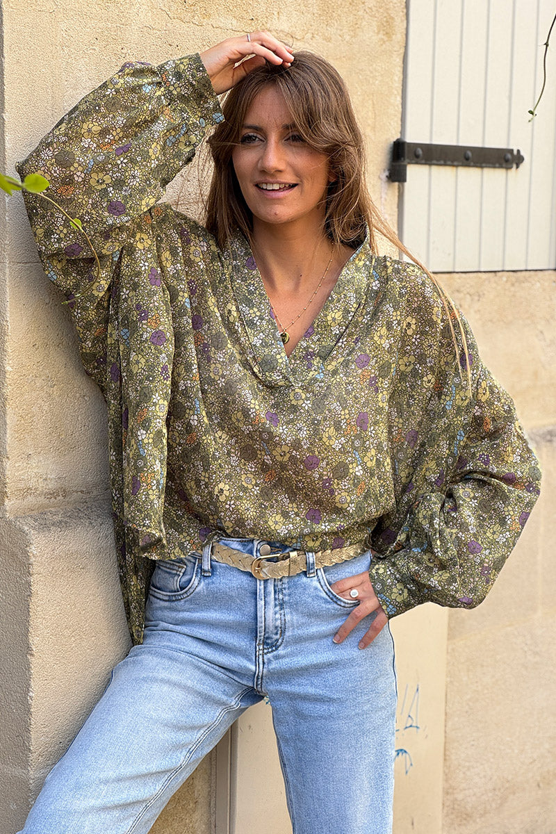 Blouse large vert kaki en coton imprimé petites fleurs col v