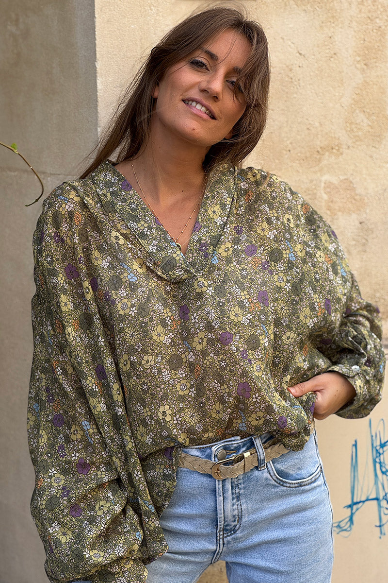 Blouse large vert kaki en coton imprimé petites fleurs col v