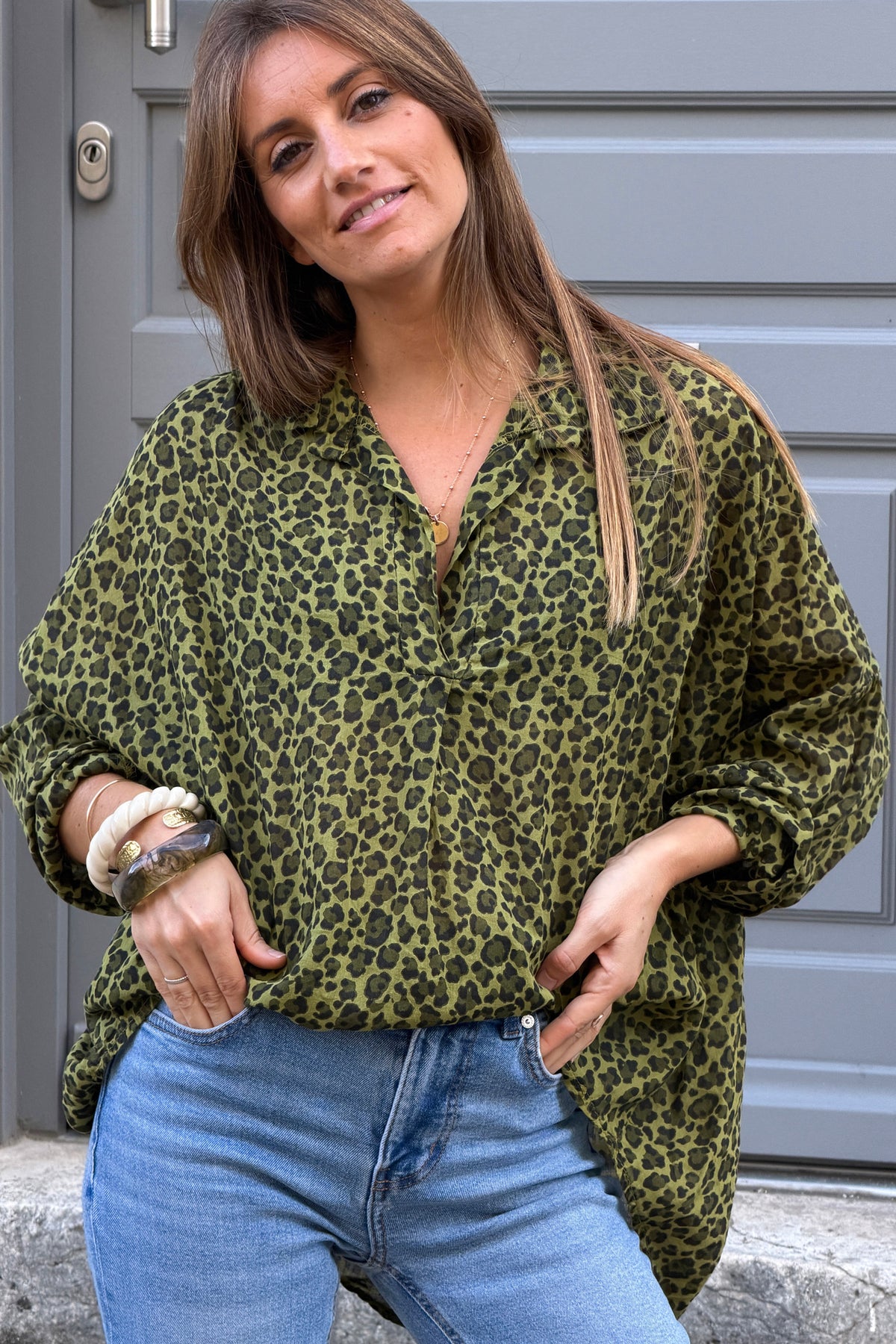 Moss Green Leopard Print Split Neck Blouse
