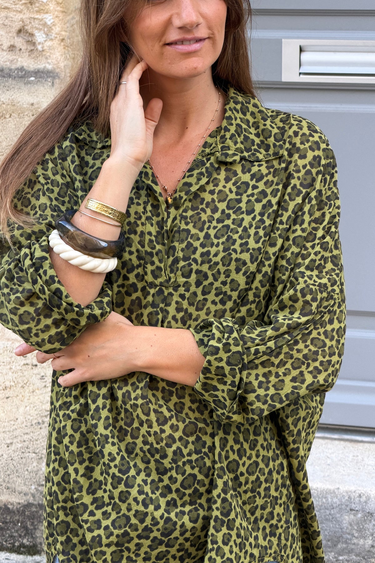 Moss Green Leopard Print Split Neck Blouse
