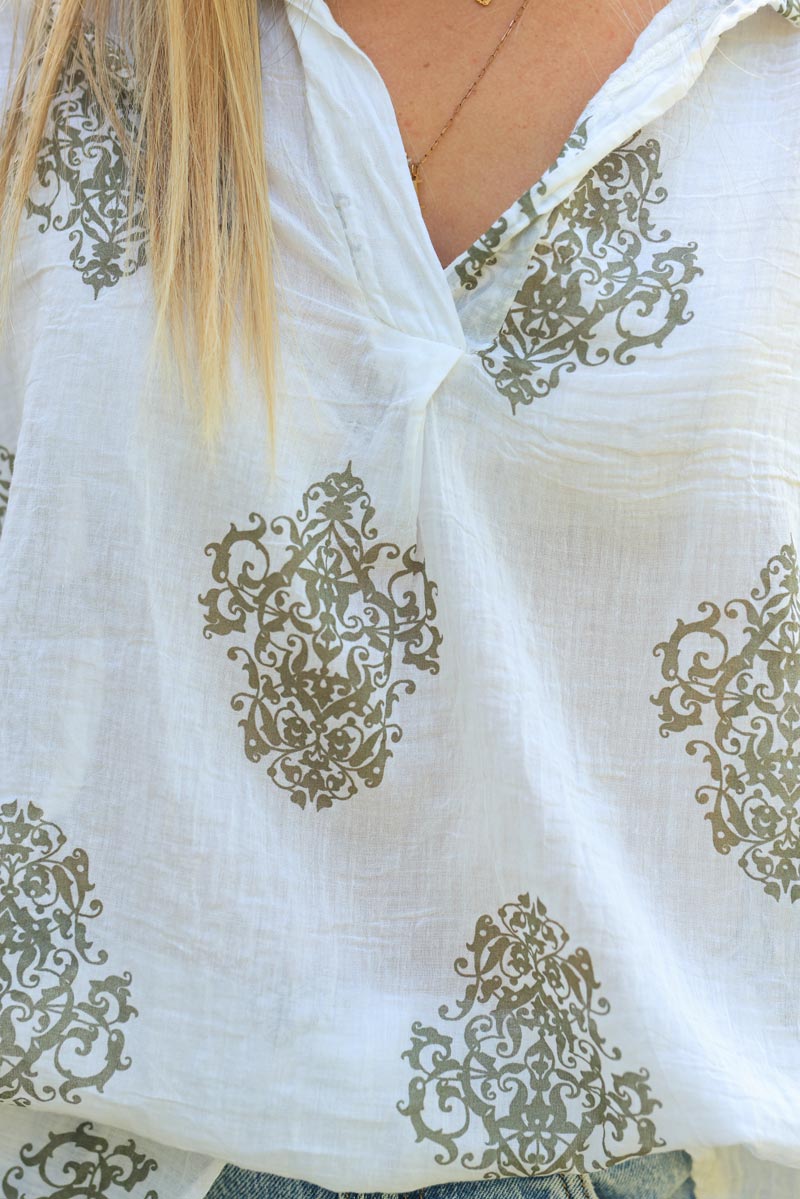 Ecru lightweight cotton blouse with khaki arabesque print