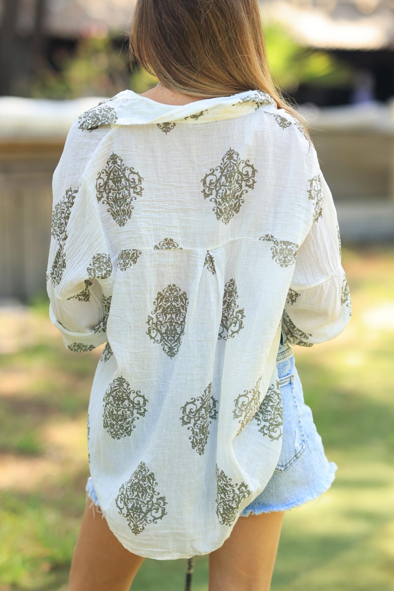 Ecru lightweight cotton blouse with khaki arabesque print