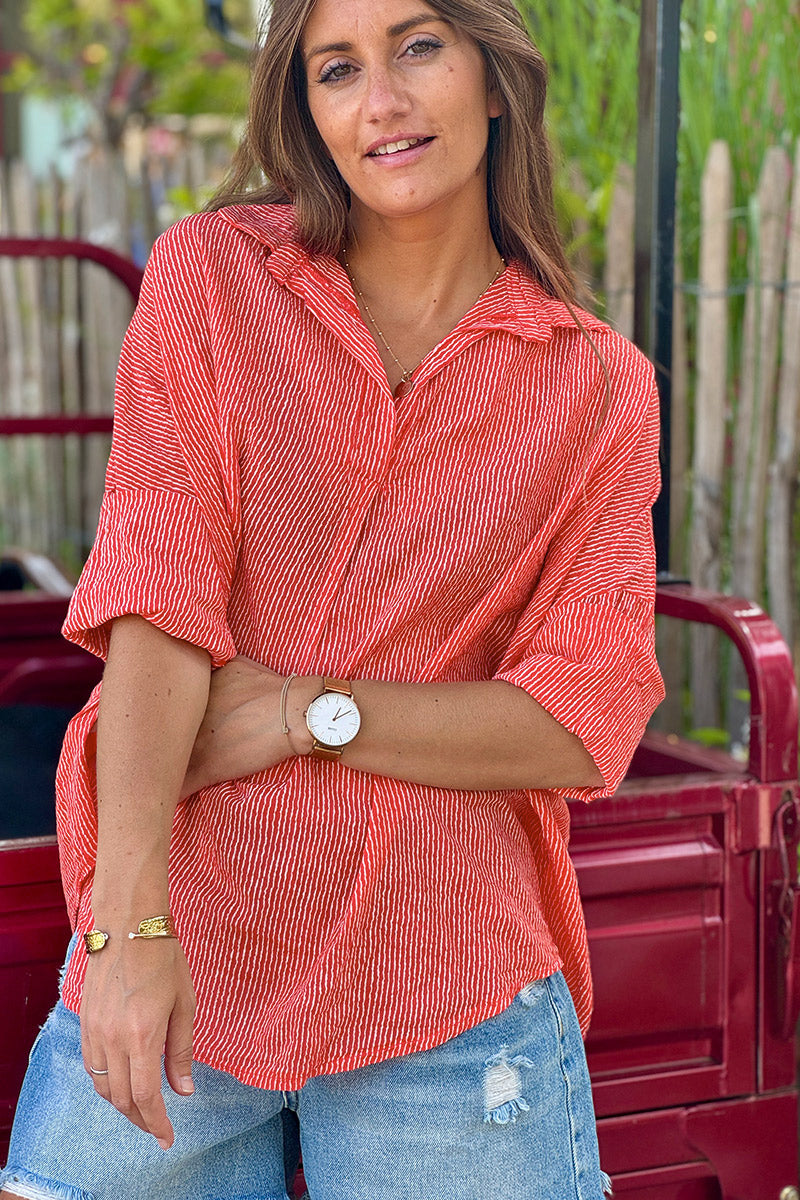 Coral Mottled Pinstripe Gauze Blouse

