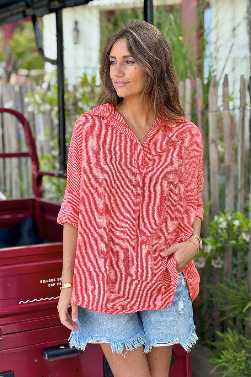 Coral Mottled Pinstripe Gauze Blouse

