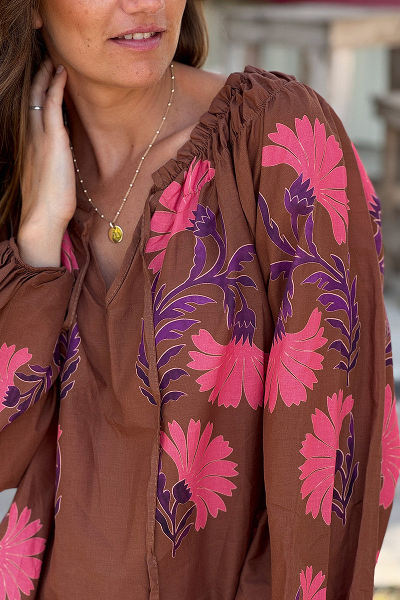 Chocolate Brown Autumn Blooms Peasant Blouse