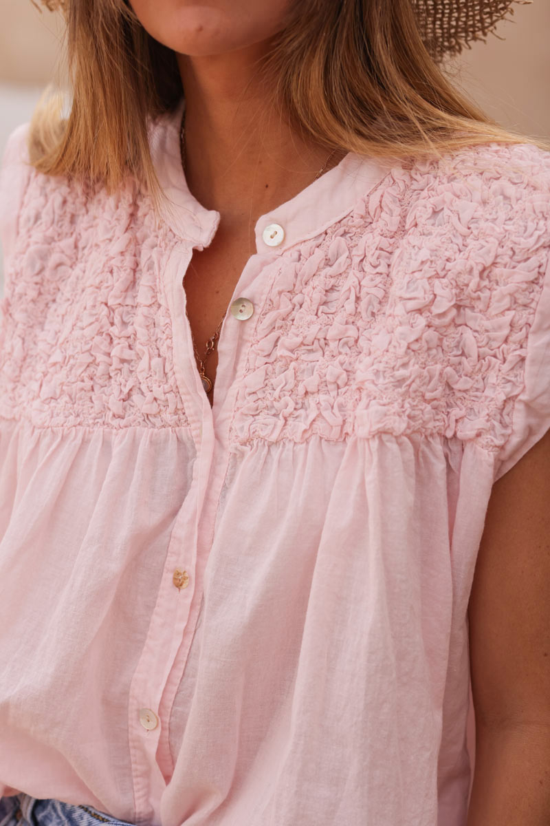 Soft pink floaty cotton sleeveless blouse with mother of pearl buttons